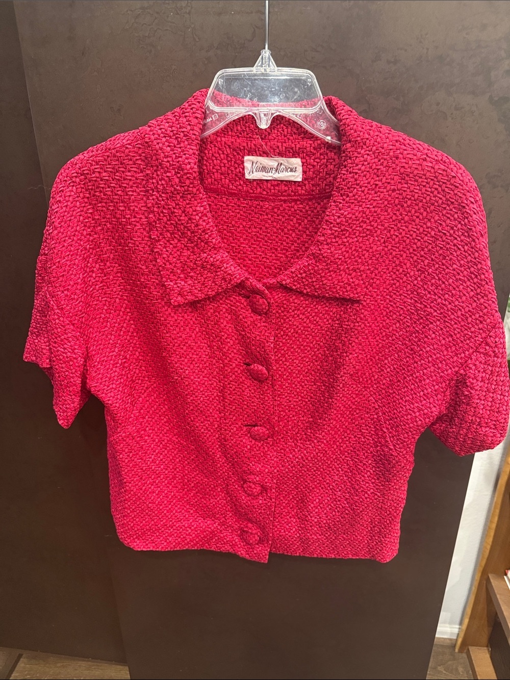 Vintage Neiman Marcus Textured Short-Sleeve Button-Down Top in Magenta Pink